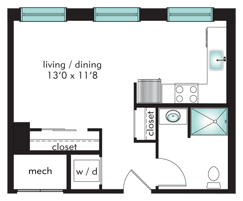 Floor plan for studio, 1 bath, 426 sqft
